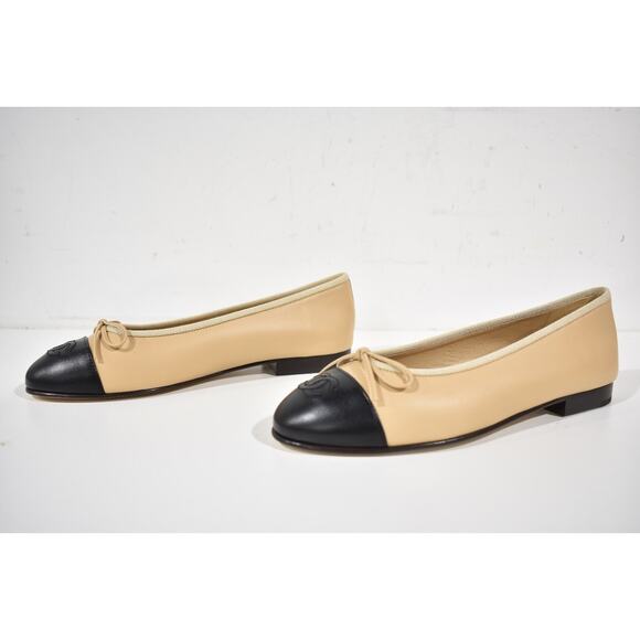 Chanel Beige Black Lambskin Leather CC Logo Bow Tie Ballet Ballerina Flat 37 - Picture 13 of 15